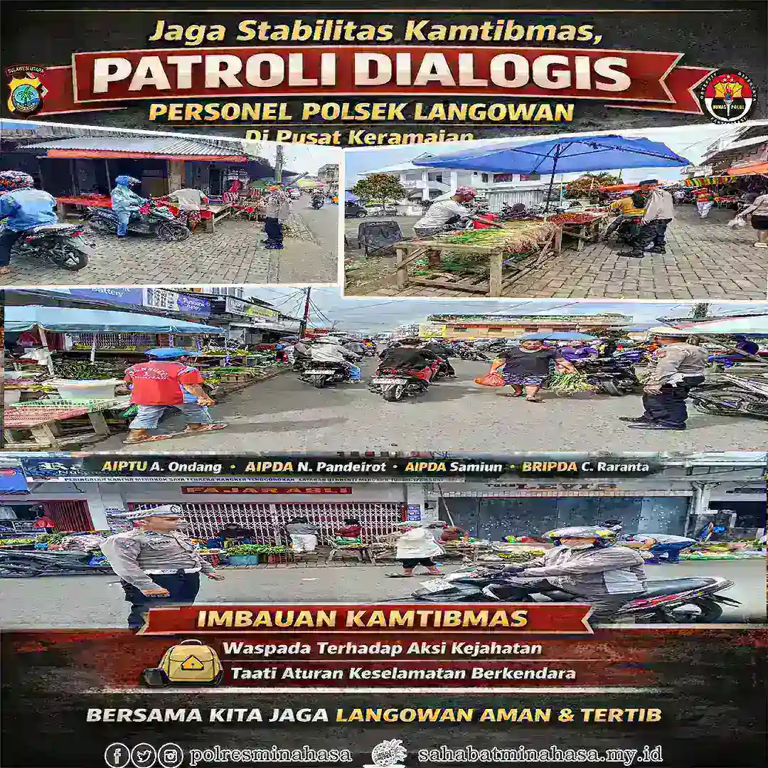 Jaga Stabilitas Kamtibmas, Personel Polsek Langowan Gelar Patroli Dialogis di Pusat Keramaian